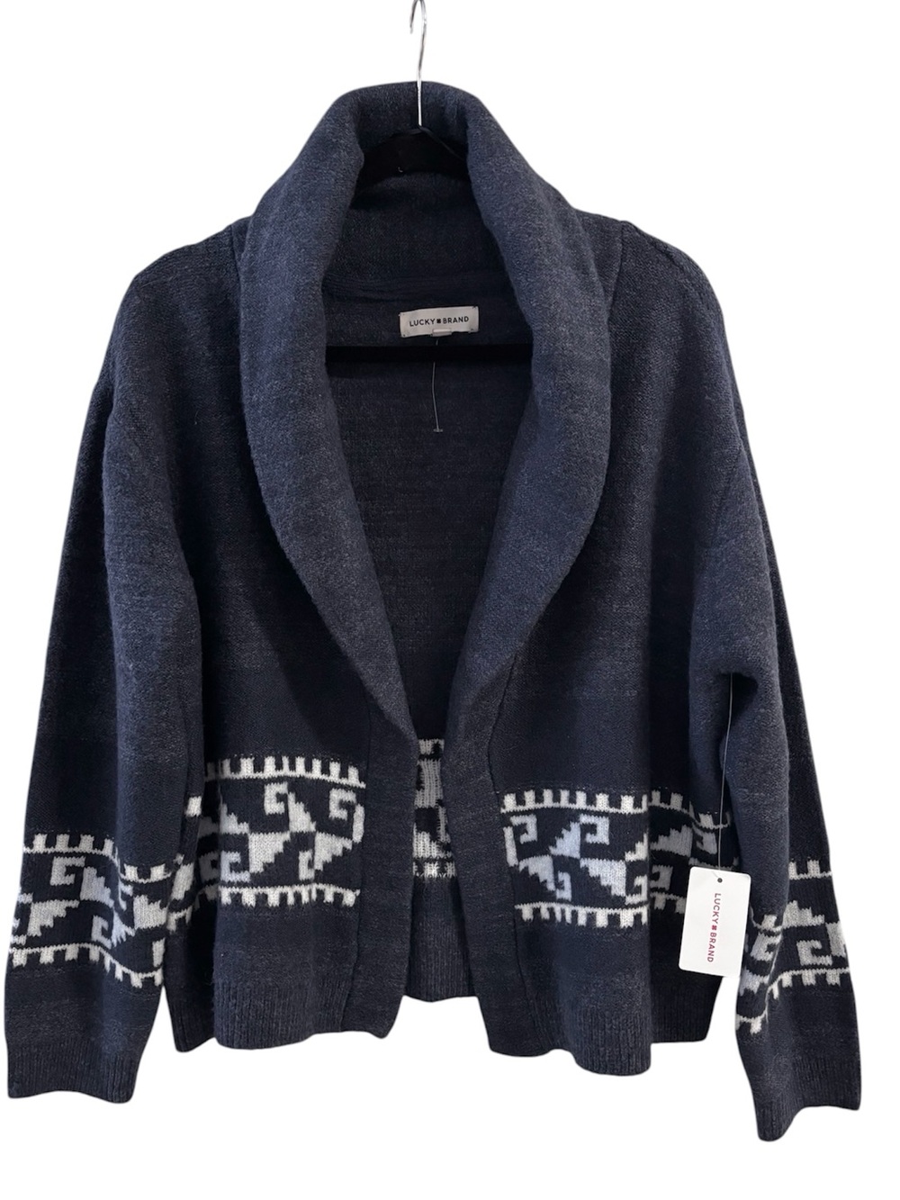 NWT Lucky Brand Blue/White Open Cardigan Aztec Southwestern Large Msrp $119